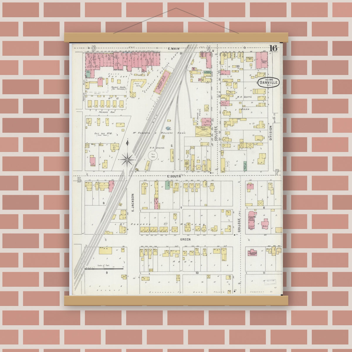 Old map wall art mockup — magnetic wood frame on brick wall — Sanborn Fire Insurance Map from Danville, Vermilion County, Illinois (1895), Sheet #0016