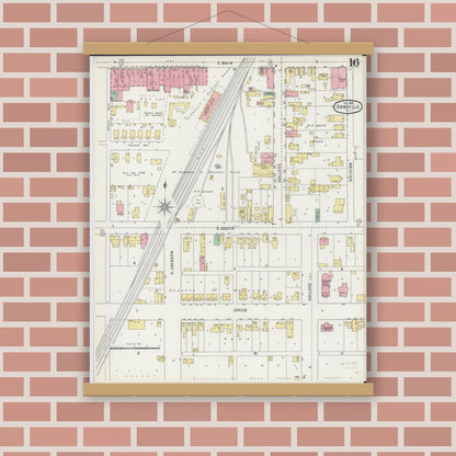 Old map wall art mockup — magnetic wood frame on brick wall — Sanborn Fire Insurance Map from Danville, Vermilion County, Illinois (1895), Sheet #0016