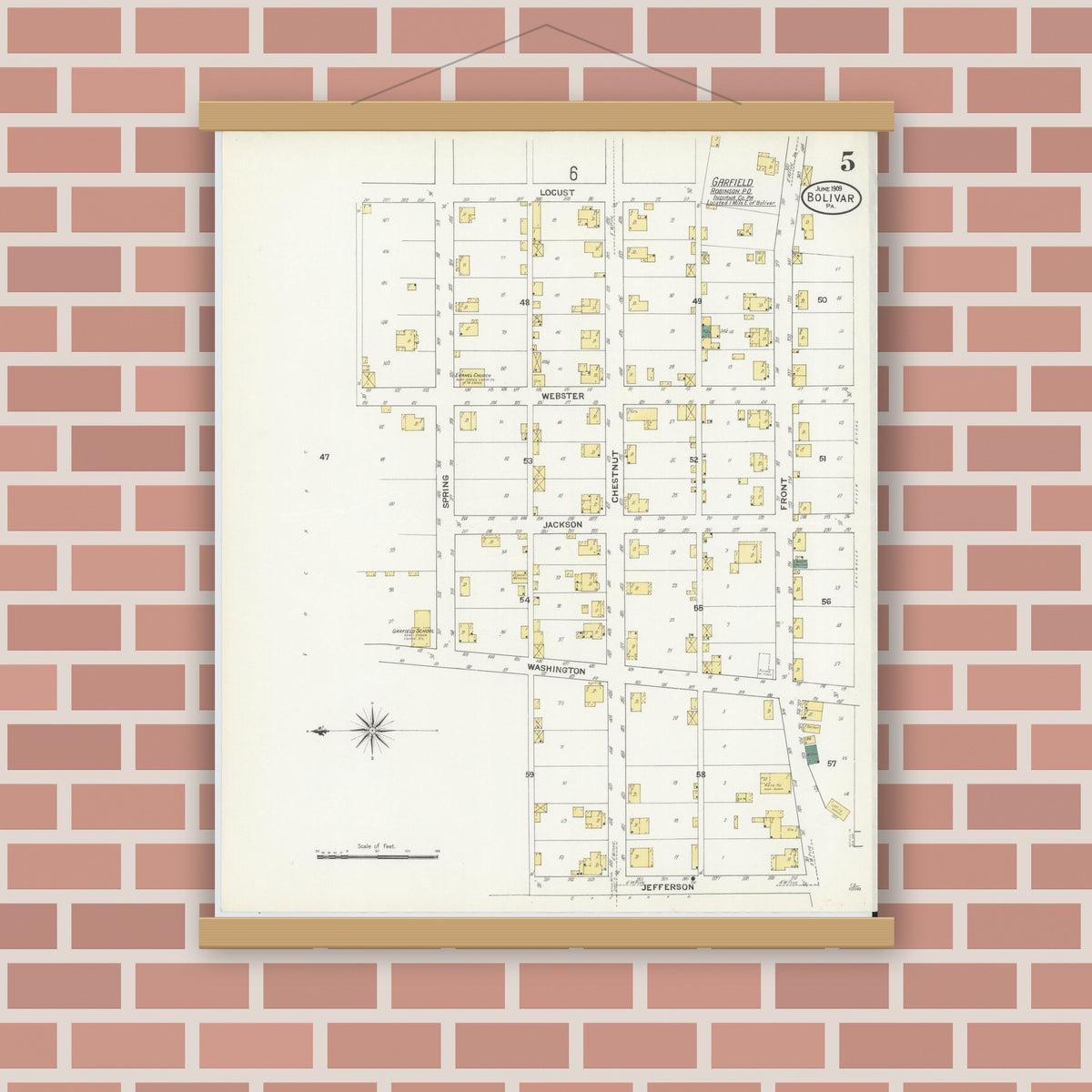 Old map wall art mockup — magnetic wood frame on brick wall — Sanborn Fire Insurance Map from Bolivar, Westmoreland County, Pennsylvania (1909), Sheet #0005