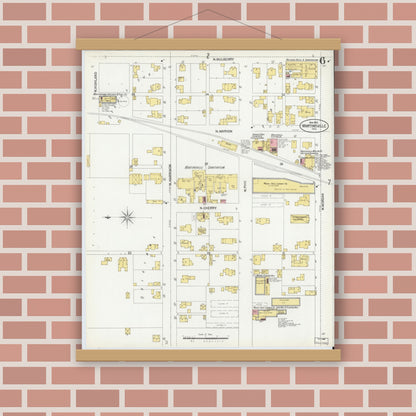 Old map wall art mockup — magnetic wood frame on brick wall — Sanborn Fire Insurance Map from Martinsville, Morgan County, Indiana (1902), Sheet #0006