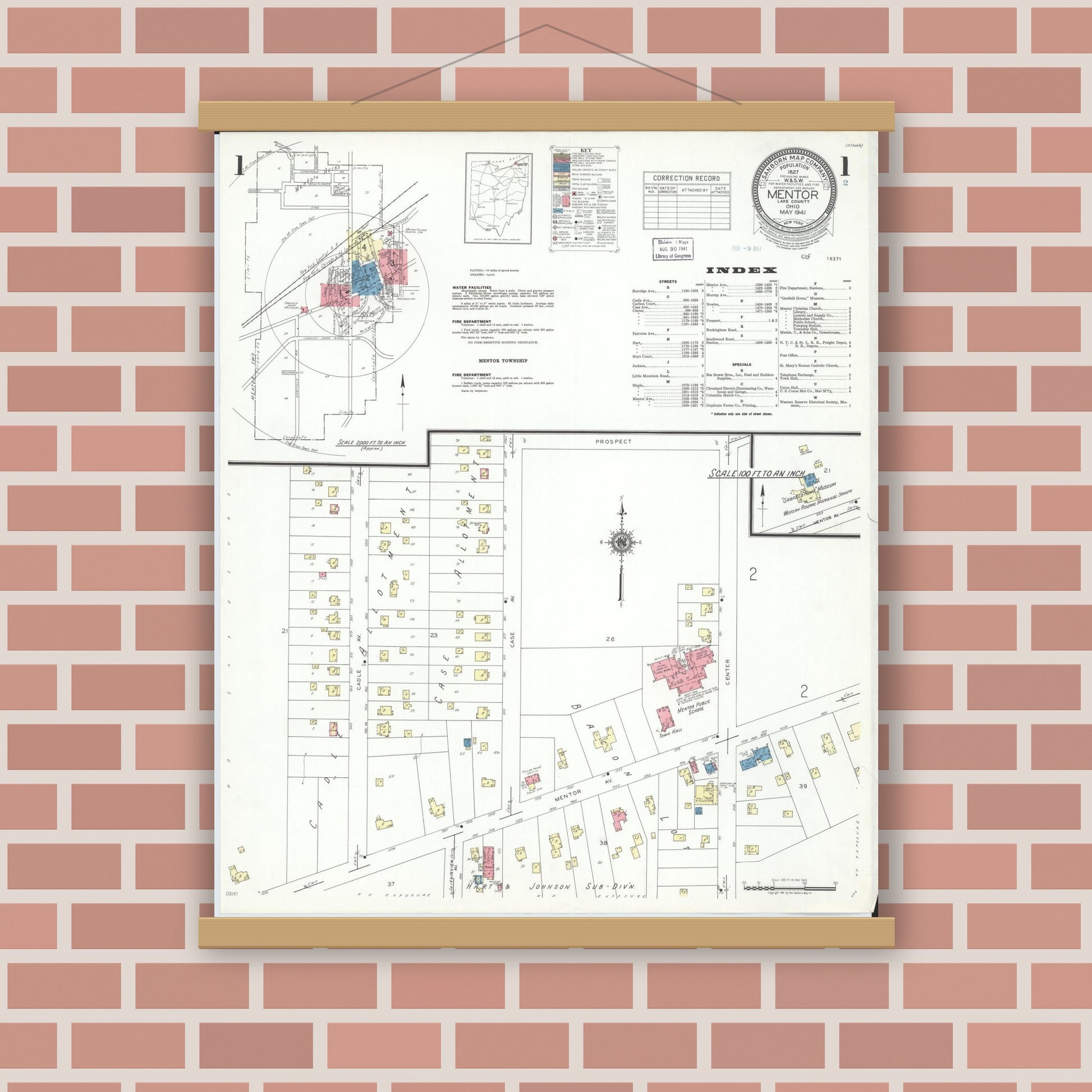 Old map wall art mockup — magnetic wood frame on brick wall — Sanborn Fire Insurance Map from Mentor, Lake County, Ohio (1941), Sheet #0001