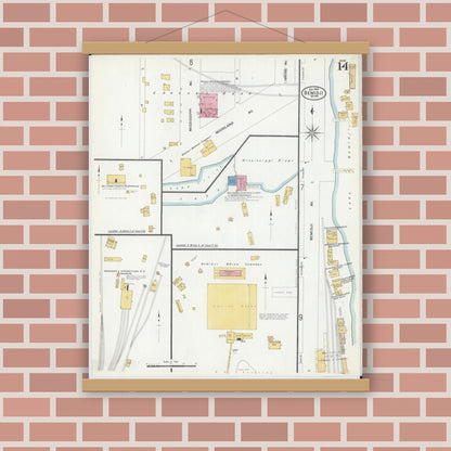 Old map wall art mockup — magnetic wood frame on brick wall — Sanborn Fire Insurance Map from Bemidji, Beltrami County, Minnesota (1909), Sheet #0014