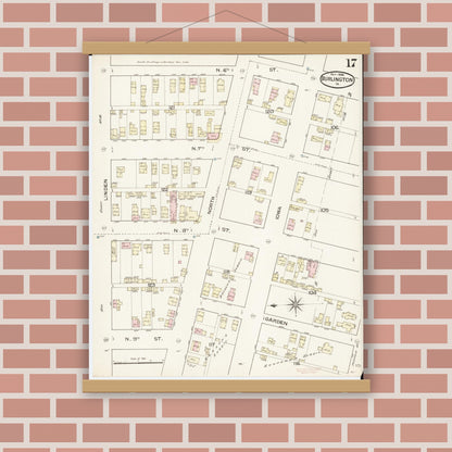 Old map wall art mockup — magnetic wood frame on brick wall — Sanborn Fire Insurance Map from Burlington, Des Moines County, Iowa (1888), Sheet #0017