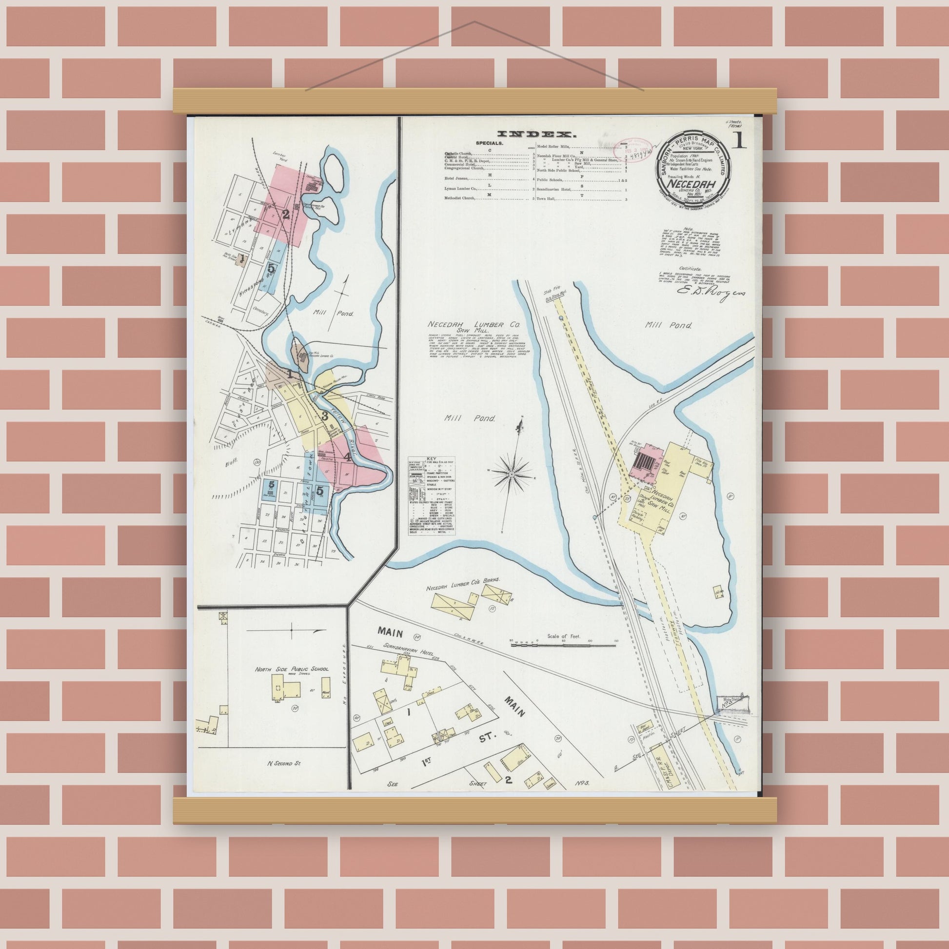 Old map wall art mockup — magnetic wood frame on brick wall — Sanborn Fire Insurance Map from Necedah, Juneau County, Wisconsin (1891) - Complete Map Set