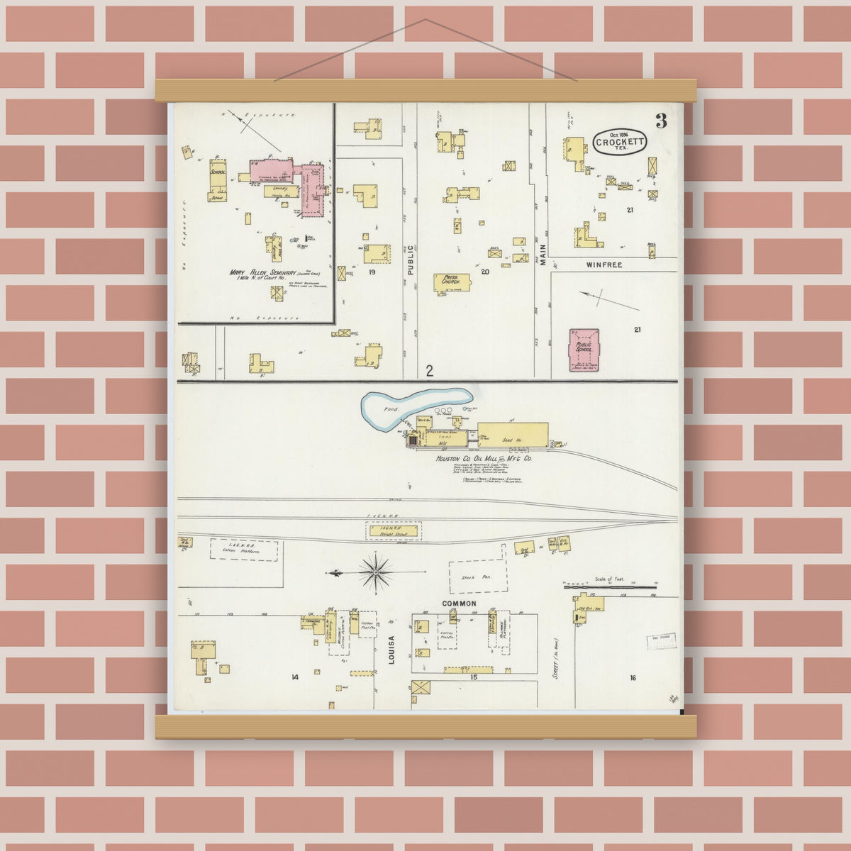 Old map wall art mockup — magnetic wood frame on brick wall — Sanborn Fire Insurance Map from Crockett, Houston County, Texas (1896), Sheet #0003