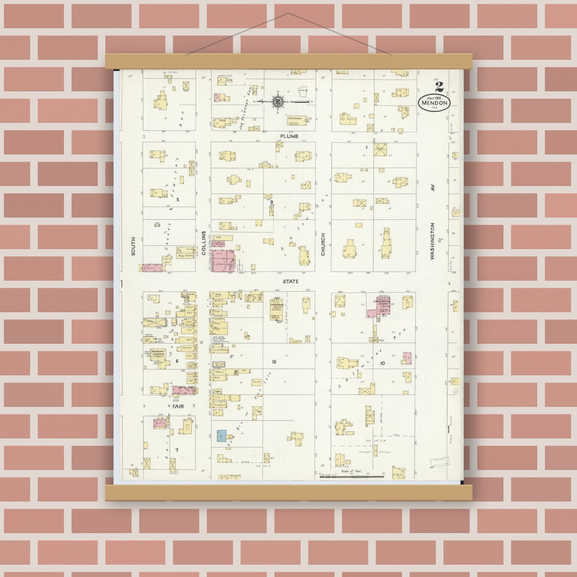 Old map wall art mockup — magnetic wood frame on brick wall — Sanborn Fire Insurance Map from Mendon, Adams County, Illinois (1910), Sheet #0002