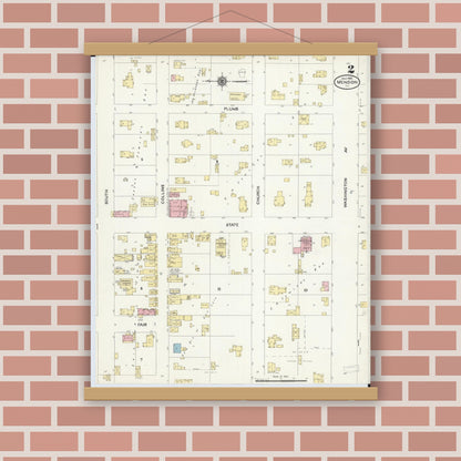 Old map wall art mockup — magnetic wood frame on brick wall — Sanborn Fire Insurance Map from Mendon, Adams County, Illinois (1910), Sheet #0002