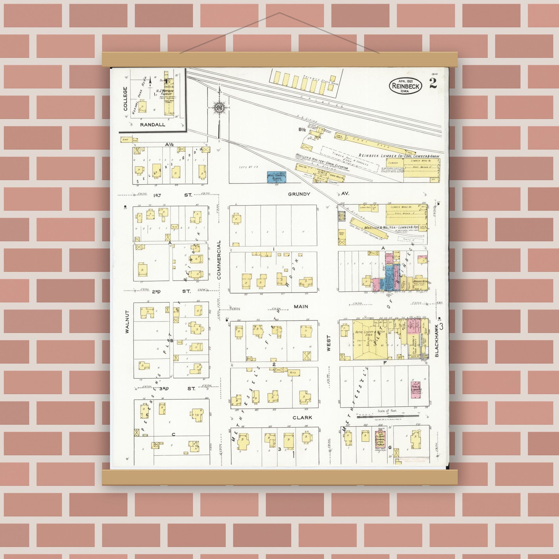 Old map wall art mockup — magnetic wood frame on brick wall — Sanborn Fire Insurance Map from Reinbeck, Grundy County, Iowa (1921), Sheet #0002