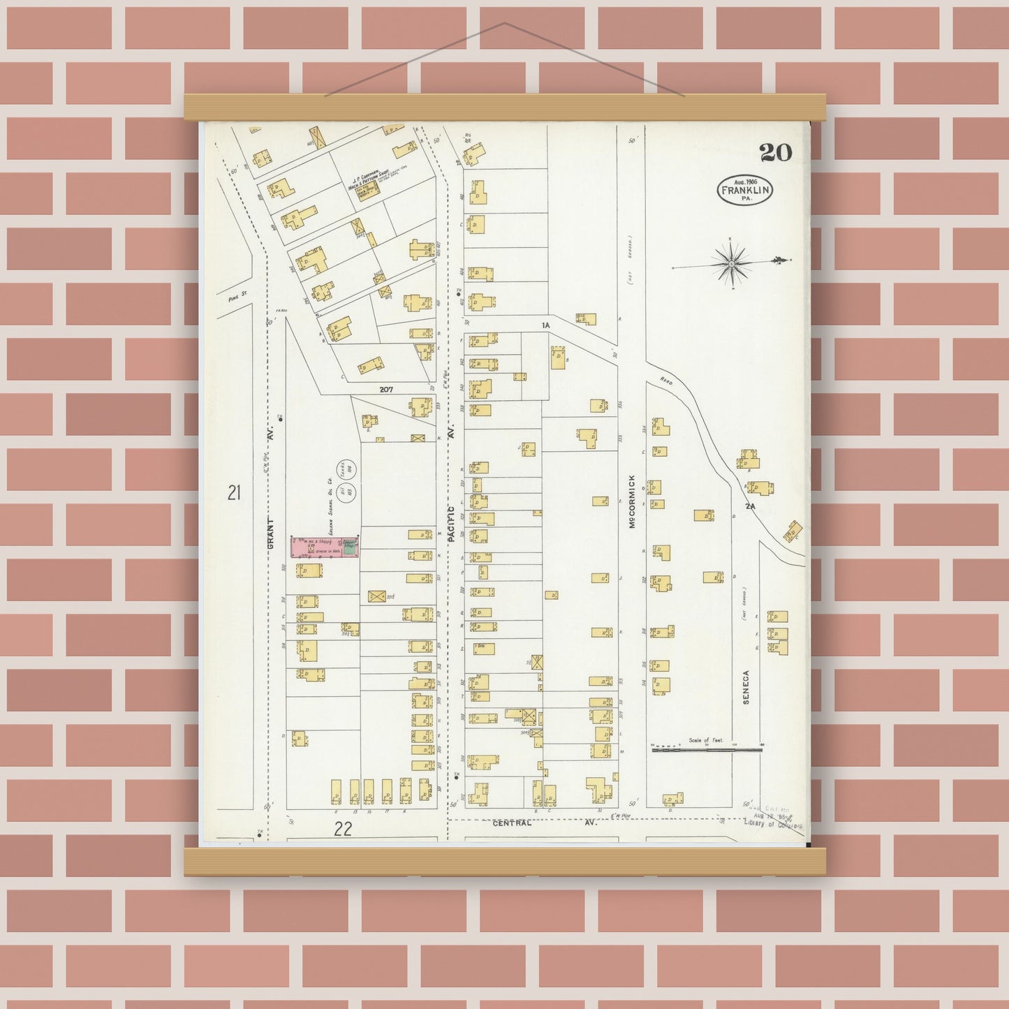Old map wall art mockup — magnetic wood frame on brick wall — Sanborn Fire Insurance Map from Franklin, Venango County, Pennsylvania (1906), Sheet #0020
