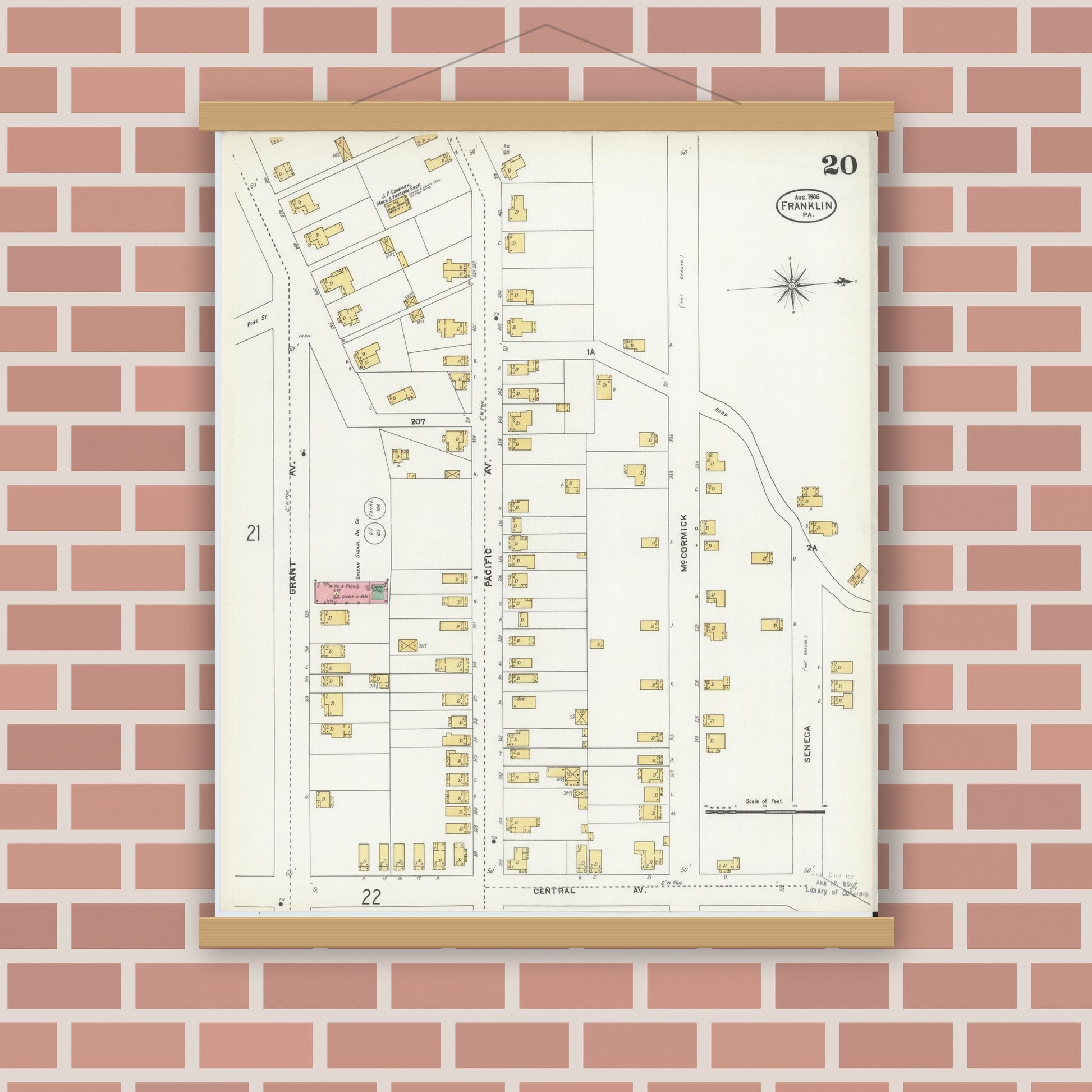 Old map wall art mockup — magnetic wood frame on brick wall — Sanborn Fire Insurance Map from Franklin, Venango County, Pennsylvania (1906), Sheet #0020