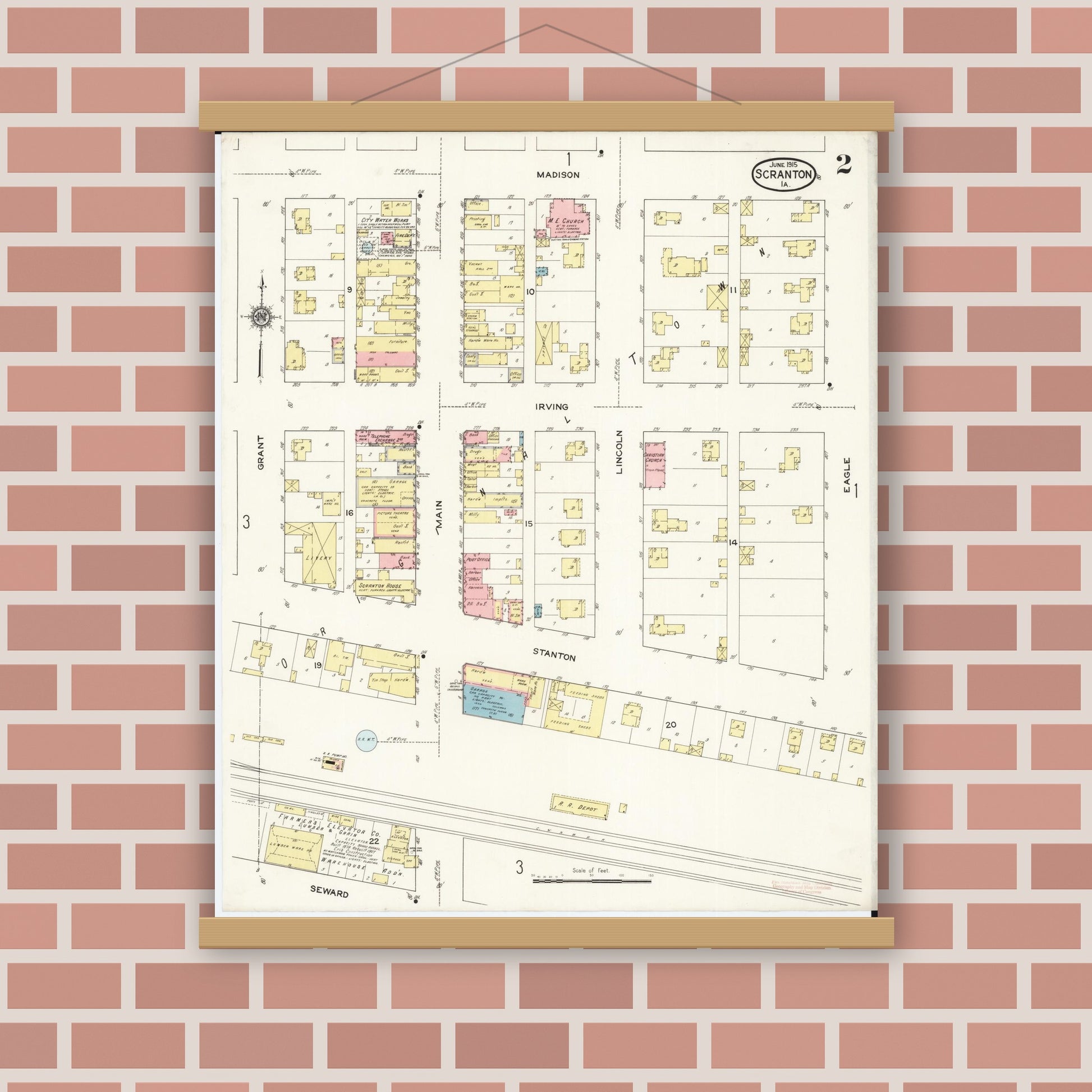 Old map wall art mockup — magnetic wood frame on brick wall — Sanborn Fire Insurance Map from Scranton, Greene County, Iowa (1915), Sheet #0002