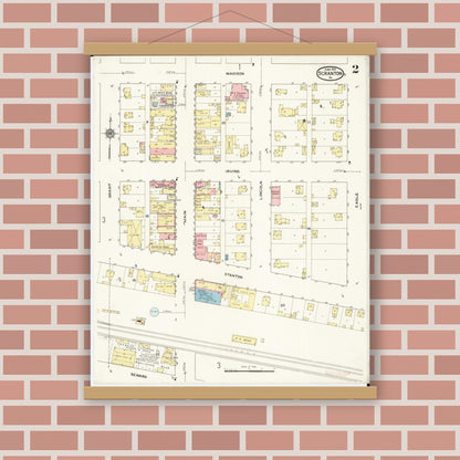 Old map wall art mockup — magnetic wood frame on brick wall — Sanborn Fire Insurance Map from Scranton, Greene County, Iowa (1915), Sheet #0002