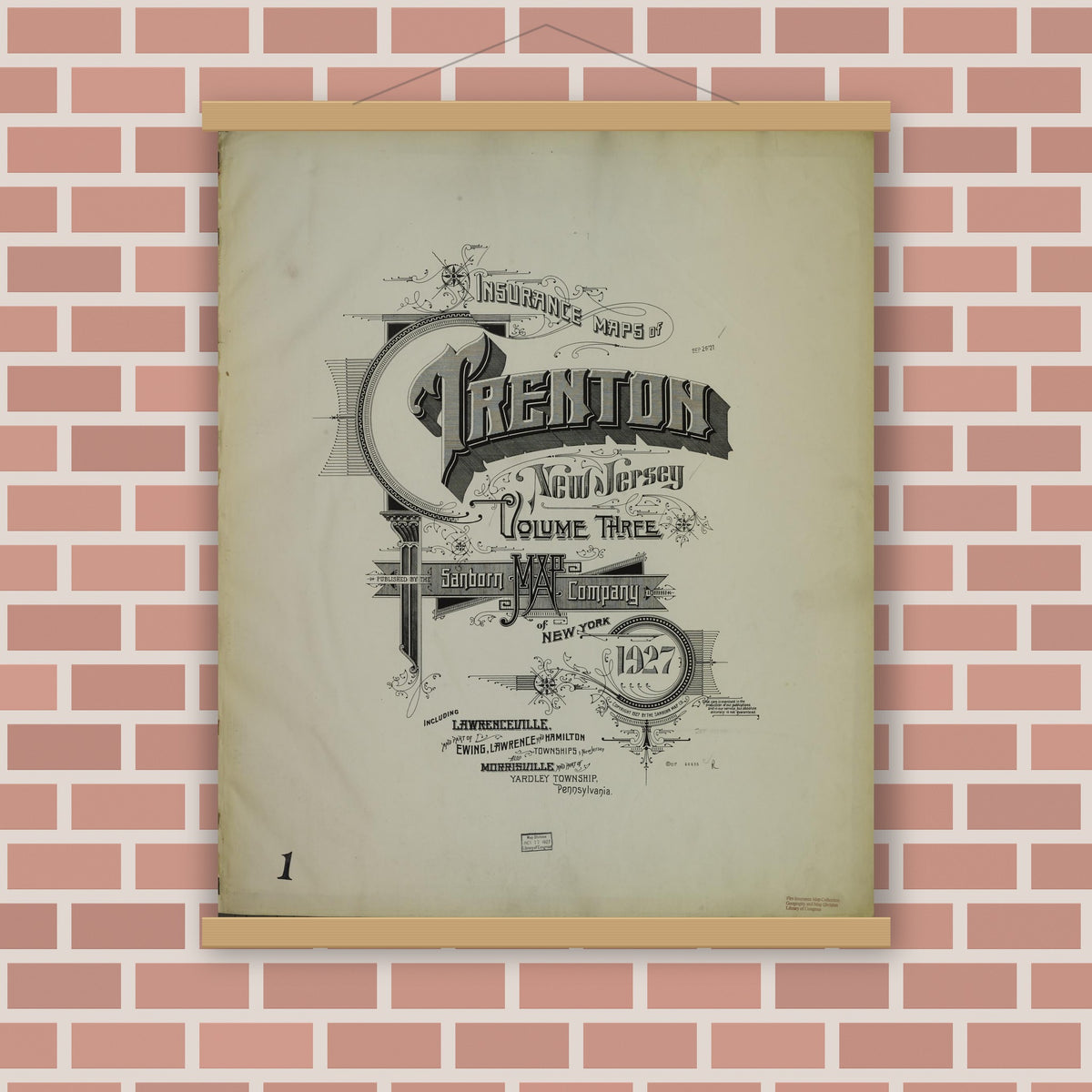 Old map wall art mockup — magnetic wood frame on brick wall — Sanborn Fire Insurance Map from Trenton, Mercer County, New Jersey (1927), Sheet #0001