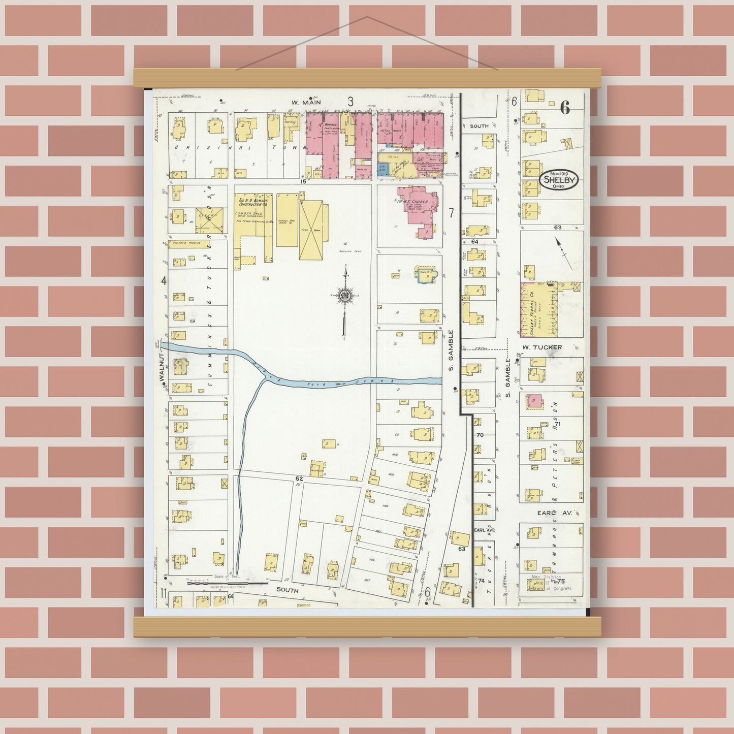 Old map wall art mockup — magnetic wood frame on brick wall — Sanborn Fire Insurance Map from Shelby, Richland County, Ohio (1919), Sheet #0006