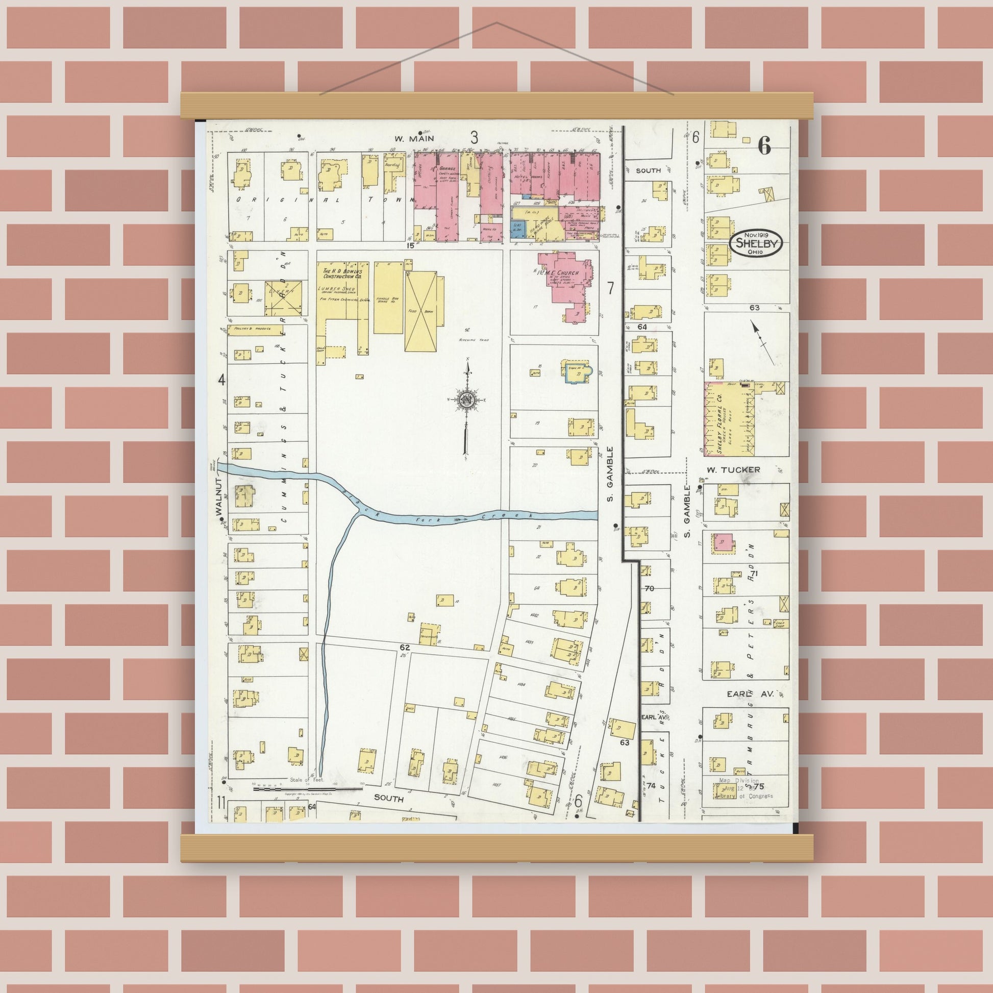 Old map wall art mockup — magnetic wood frame on brick wall — Sanborn Fire Insurance Map from Shelby, Richland County, Ohio (1919), Sheet #0006
