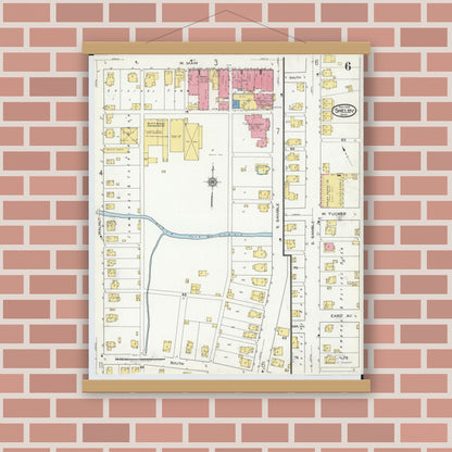 Old map wall art mockup — magnetic wood frame on brick wall — Sanborn Fire Insurance Map from Shelby, Richland County, Ohio (1919), Sheet #0006
