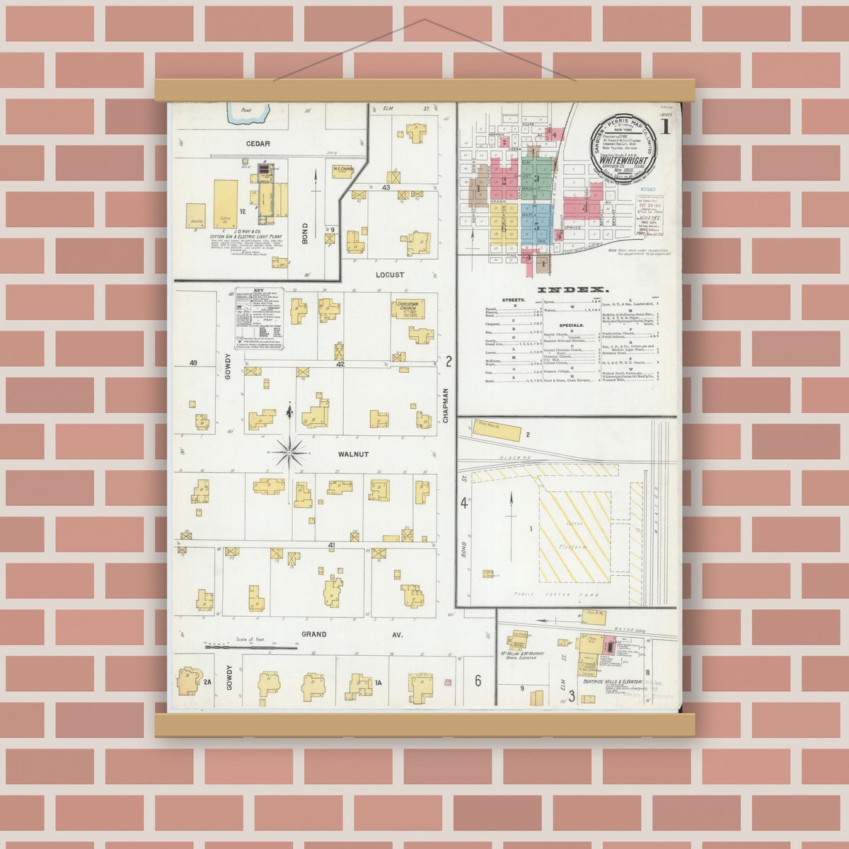 Old map wall art mockup — magnetic wood frame on brick wall — Sanborn Fire Insurance Map from Whitewright, Grayson County, Texas (1900), Sheet #0001