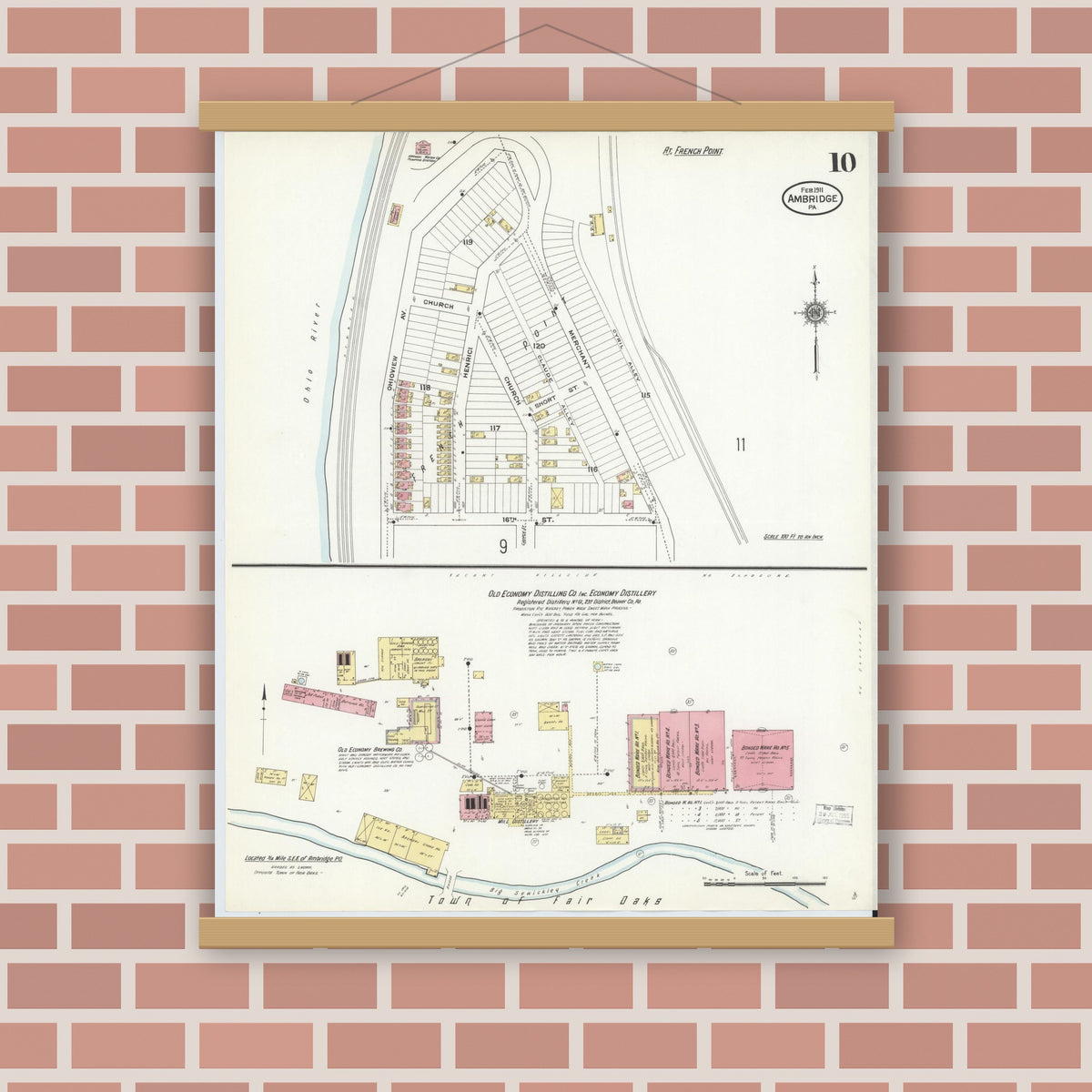 Old map wall art mockup — magnetic wood frame on brick wall — Sanborn Fire Insurance Map from Ambridge, Beaver County, Pennsylvania (1911), Sheet #0010