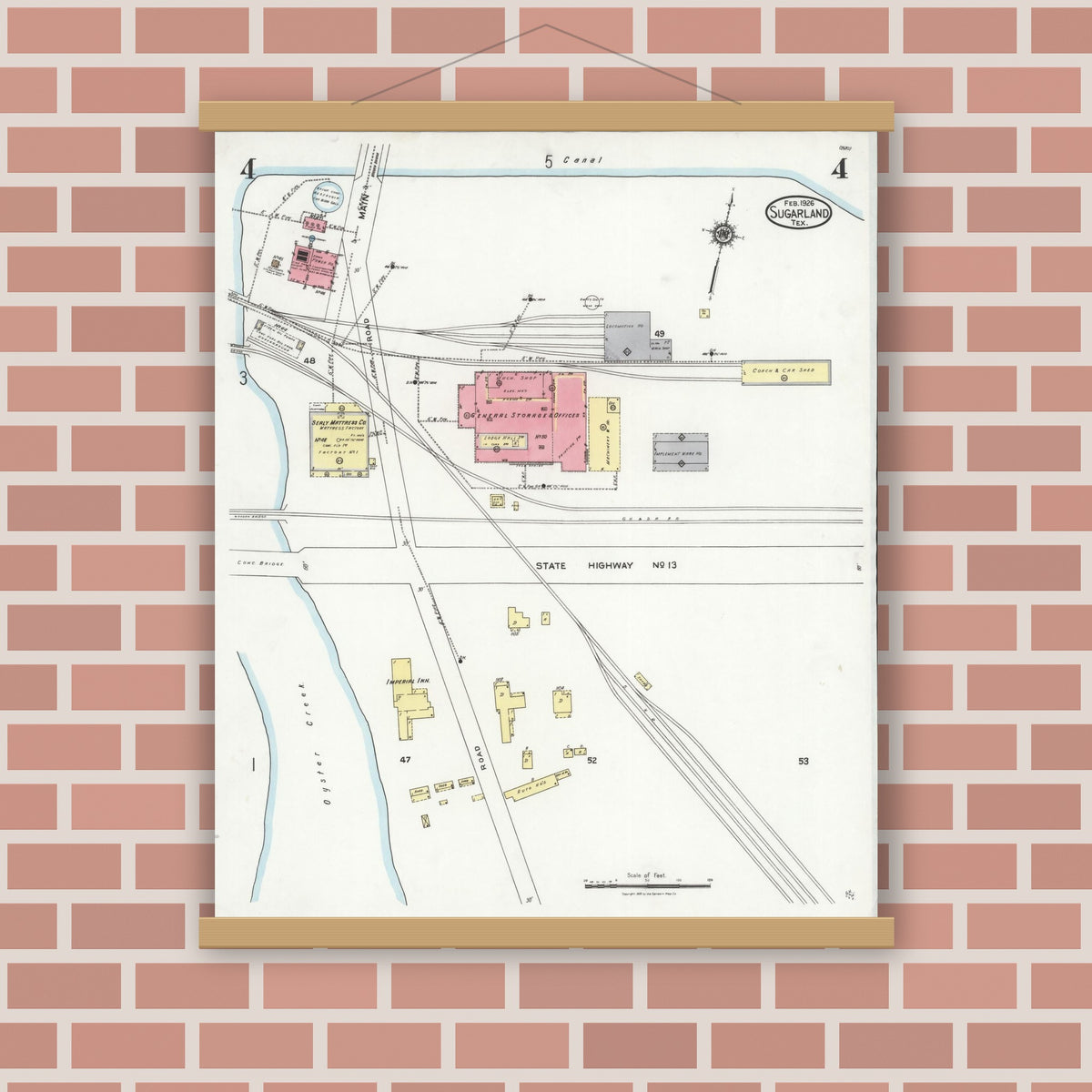 Old map wall art mockup — magnetic wood frame on brick wall — Sanborn Fire Insurance Map from Sugarland, Fort Bend County, Texas (1926), Sheet #0004