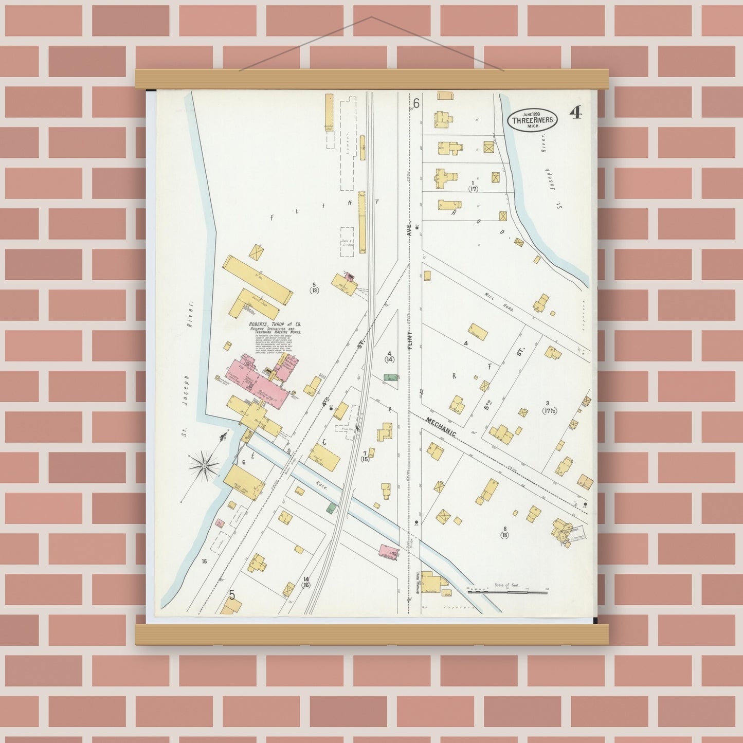 Old map wall art mockup — magnetic wood frame on brick wall — Sanborn Fire Insurance Map from Three Rivers, Saint Joseph County, Michigan (1899), Sheet #0004