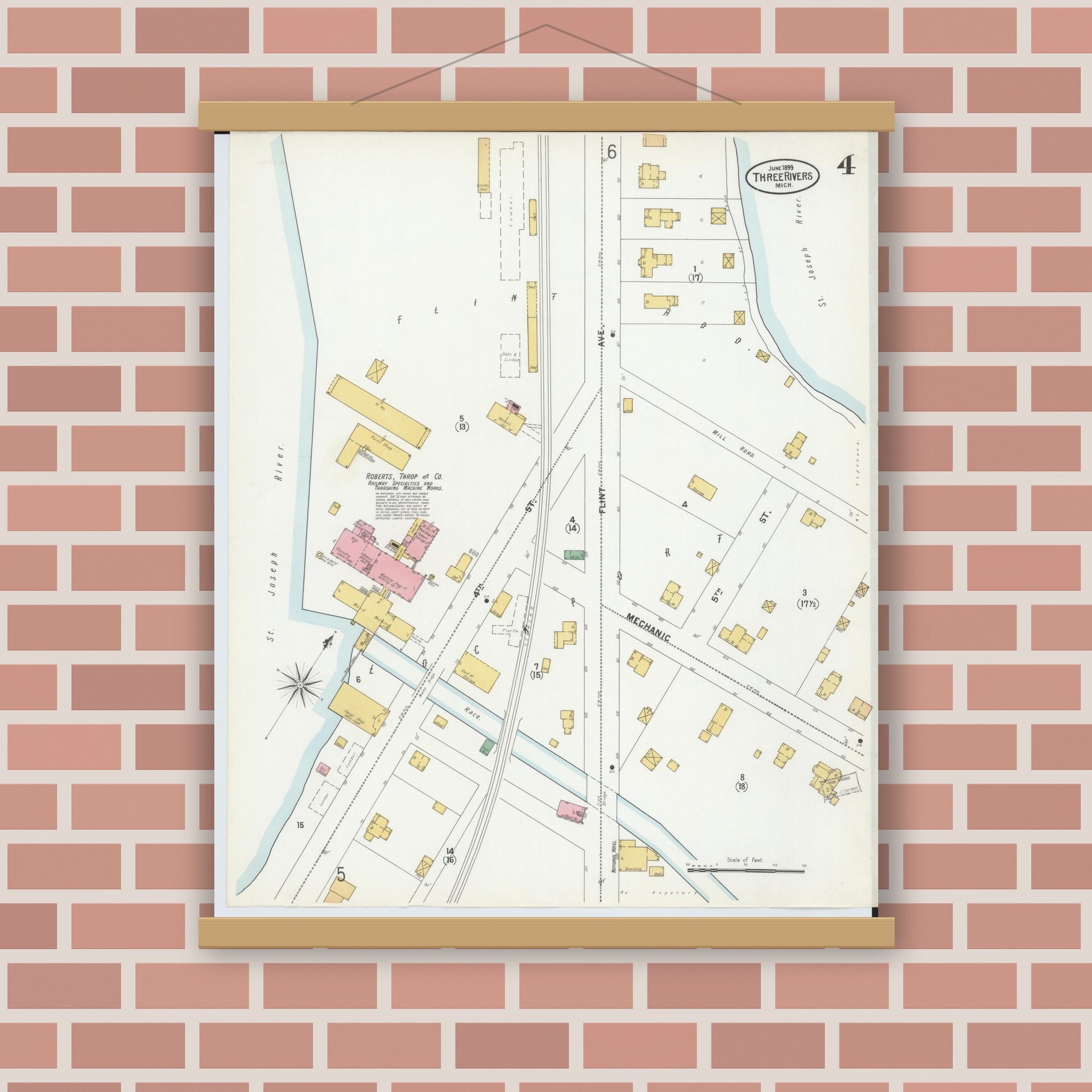 Old map wall art mockup — magnetic wood frame on brick wall — Sanborn Fire Insurance Map from Three Rivers, Saint Joseph County, Michigan (1899), Sheet #0004