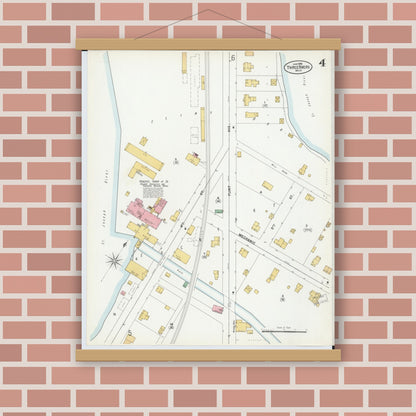 Old map wall art mockup — magnetic wood frame on brick wall — Sanborn Fire Insurance Map from Three Rivers, Saint Joseph County, Michigan (1899), Sheet #0004