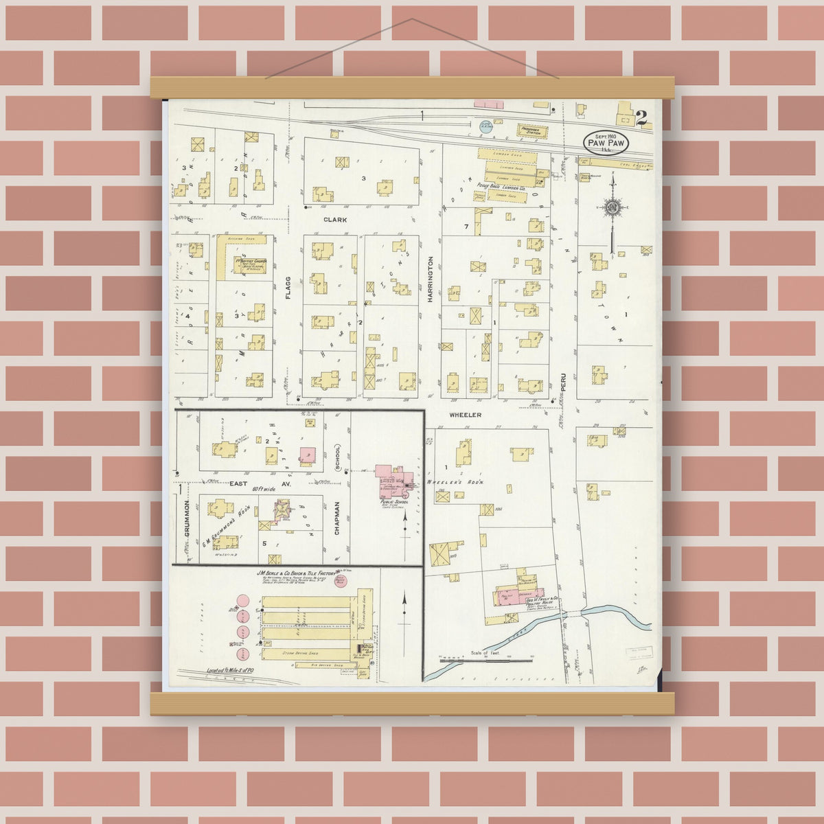 Old map wall art mockup — magnetic wood frame on brick wall — Sanborn Fire Insurance Map from Paw Paw, Lee County, Illinois (1910), Sheet #0002
