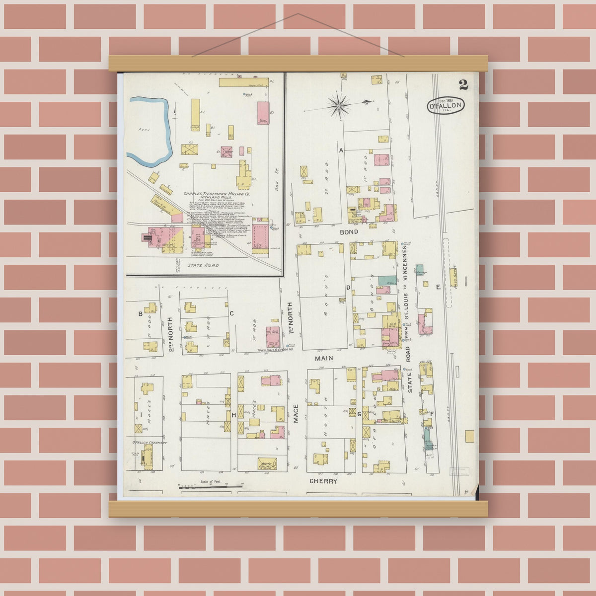 Old map wall art mockup — magnetic wood frame on brick wall — Sanborn Fire Insurance Map from O'Fallon, Saint Clair County, Illinois (1893), Sheet #0002