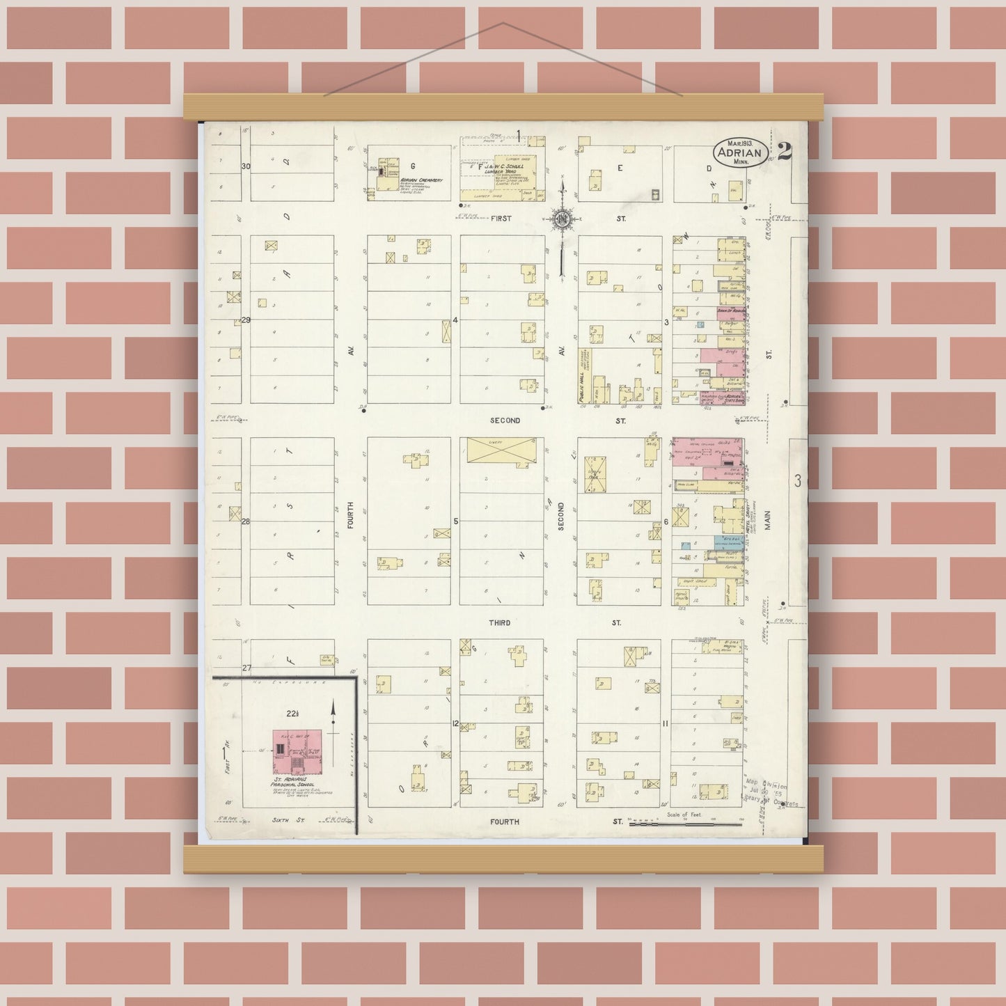 Old map wall art mockup — magnetic wood frame on brick wall — Sanborn Fire Insurance Map from Adrian, Nobles County, Minnesota (1913), Sheet #0002