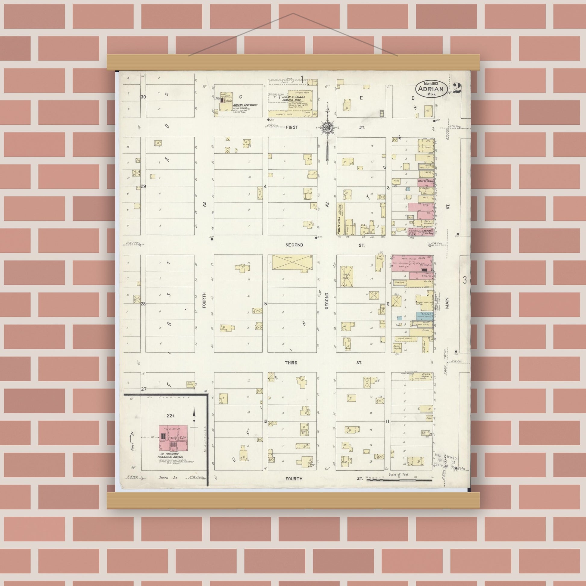 Old map wall art mockup — magnetic wood frame on brick wall — Sanborn Fire Insurance Map from Adrian, Nobles County, Minnesota (1913), Sheet #0002