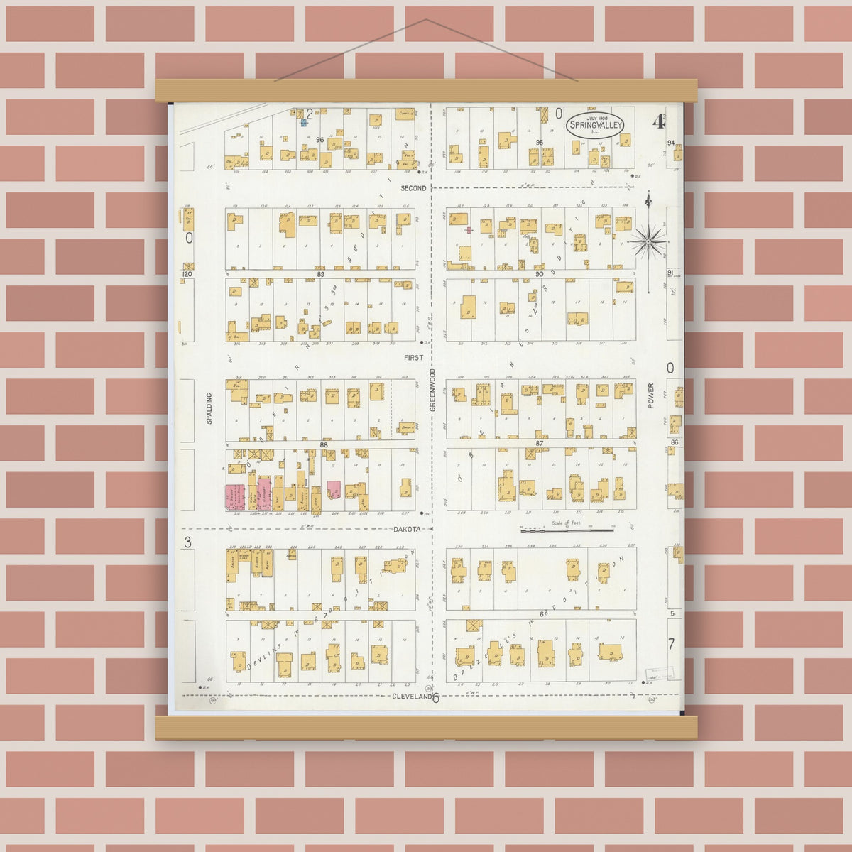 Old map wall art mockup — magnetic wood frame on brick wall — Sanborn Fire Insurance Map from Spring Valley, Bureau County, Illinois (1906), Sheet #0004