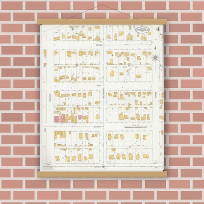 Old map wall art mockup — magnetic wood frame on brick wall — Sanborn Fire Insurance Map from Spring Valley, Bureau County, Illinois (1906), Sheet #0004