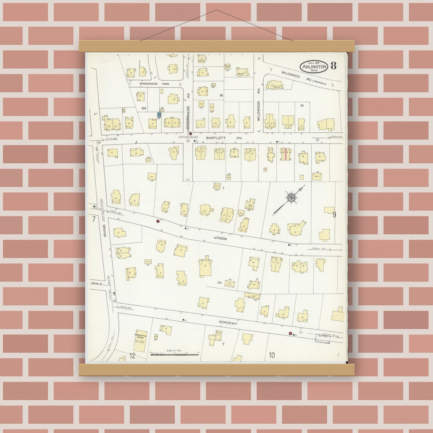 Old map wall art mockup — magnetic wood frame on brick wall — Sanborn Fire Insurance Map from Arlington, Middlesex County, Massachusetts (1914), Sheet #0008
