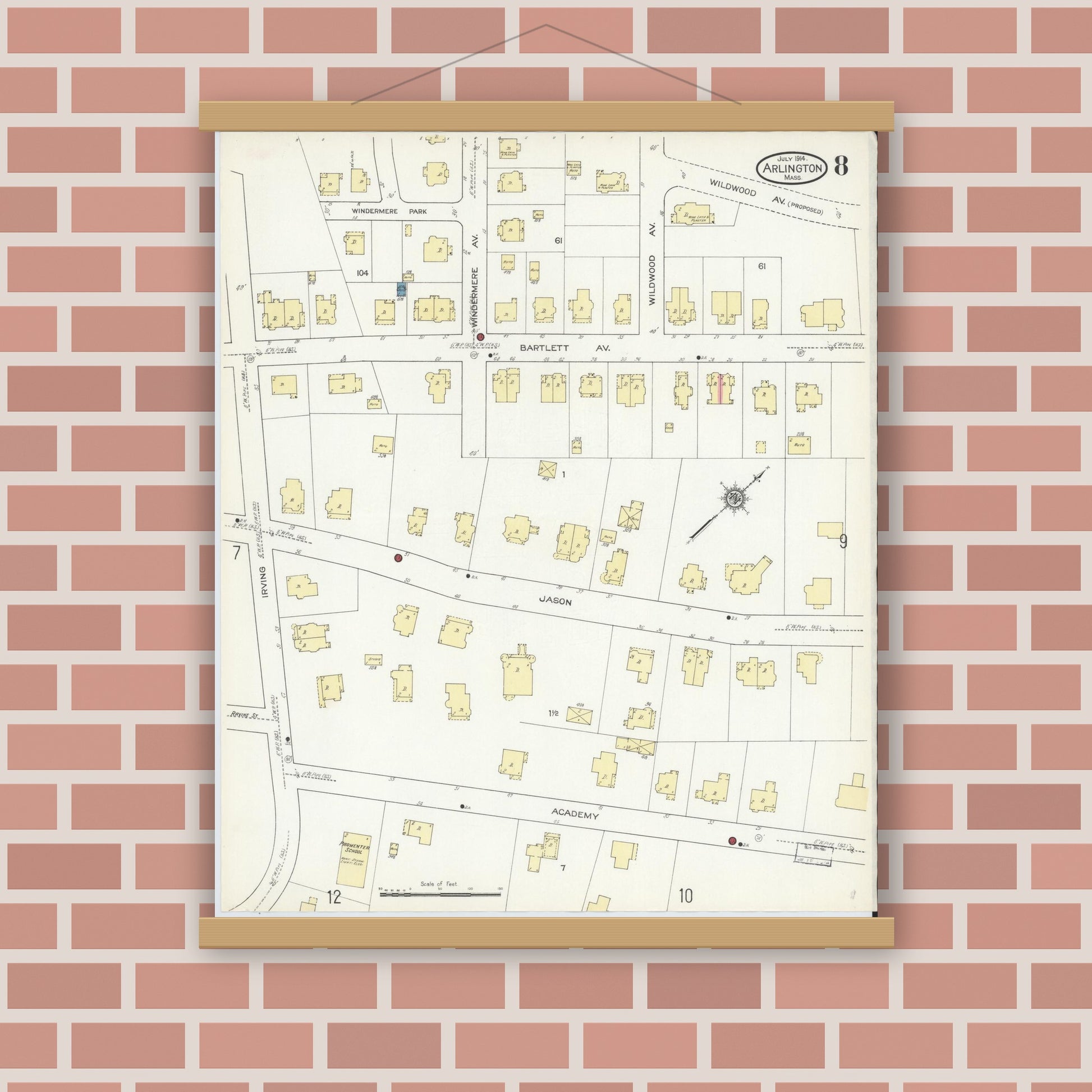 Old map wall art mockup — magnetic wood frame on brick wall — Sanborn Fire Insurance Map from Arlington, Middlesex County, Massachusetts (1914), Sheet #0008