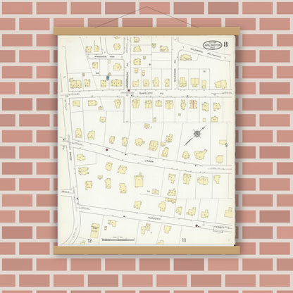 Old map wall art mockup — magnetic wood frame on brick wall — Sanborn Fire Insurance Map from Arlington, Middlesex County, Massachusetts (1914), Sheet #0008