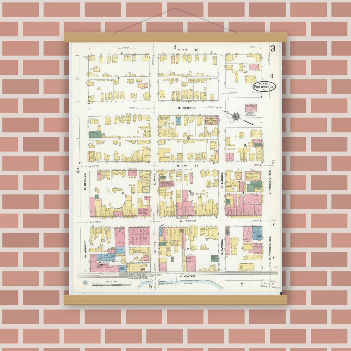 Old map wall art mockup — magnetic wood frame on brick wall — Sanborn Fire Insurance Map from Philipsburg, Centre County, Pennsylvania (1910), Sheet #0003