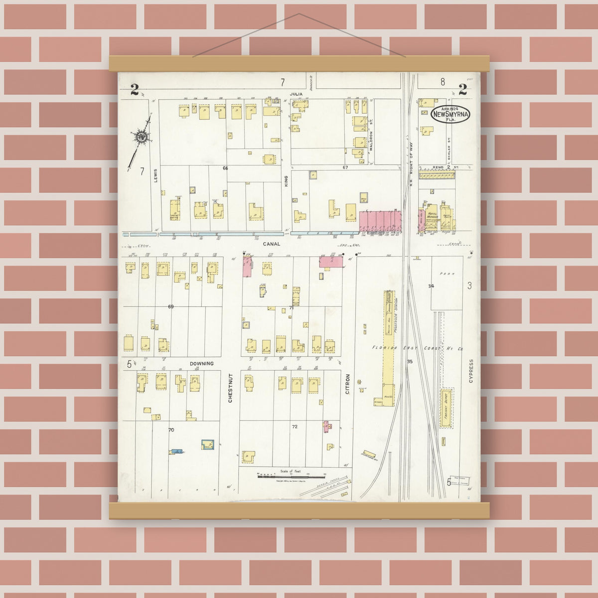 Old map wall art mockup — magnetic wood frame on brick wall — Sanborn Fire Insurance Map from New Smyrna, Valusia County, Florida (1924), Sheet #0002