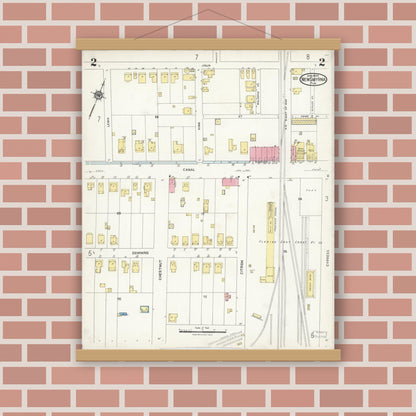 Old map wall art mockup — magnetic wood frame on brick wall — Sanborn Fire Insurance Map from New Smyrna, Valusia County, Florida (1924), Sheet #0002