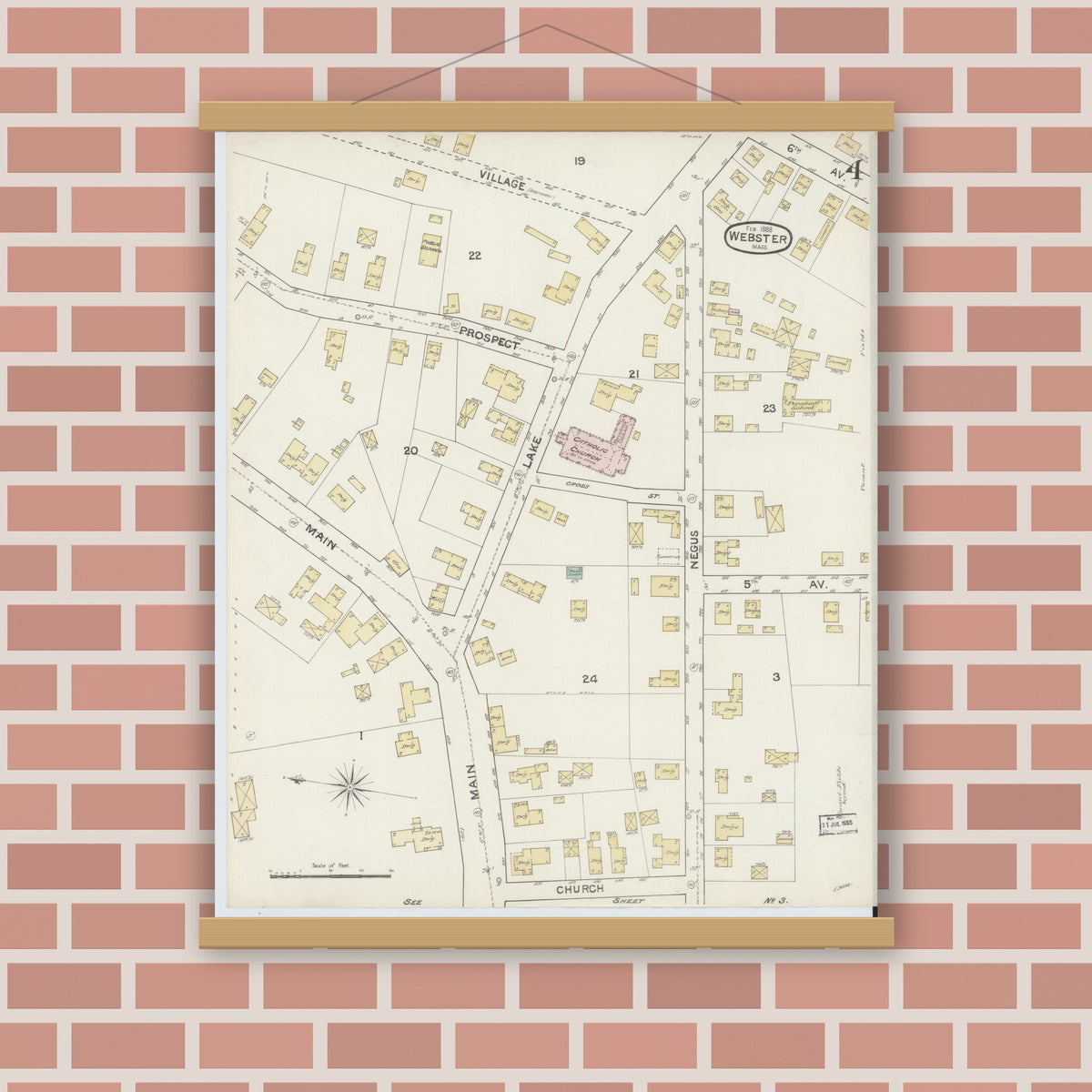 Old map wall art mockup — magnetic wood frame on brick wall — Sanborn Fire Insurance Map from Webster, Worcester County, Massachusetts (1888), Sheet #0004