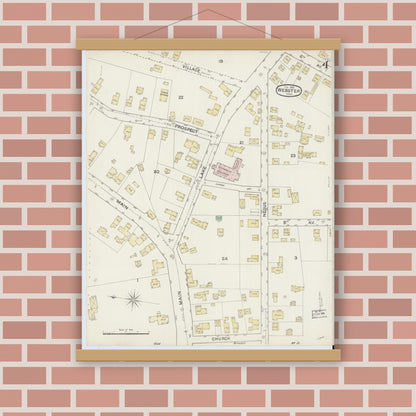 Old map wall art mockup — magnetic wood frame on brick wall — Sanborn Fire Insurance Map from Webster, Worcester County, Massachusetts (1888), Sheet #0004