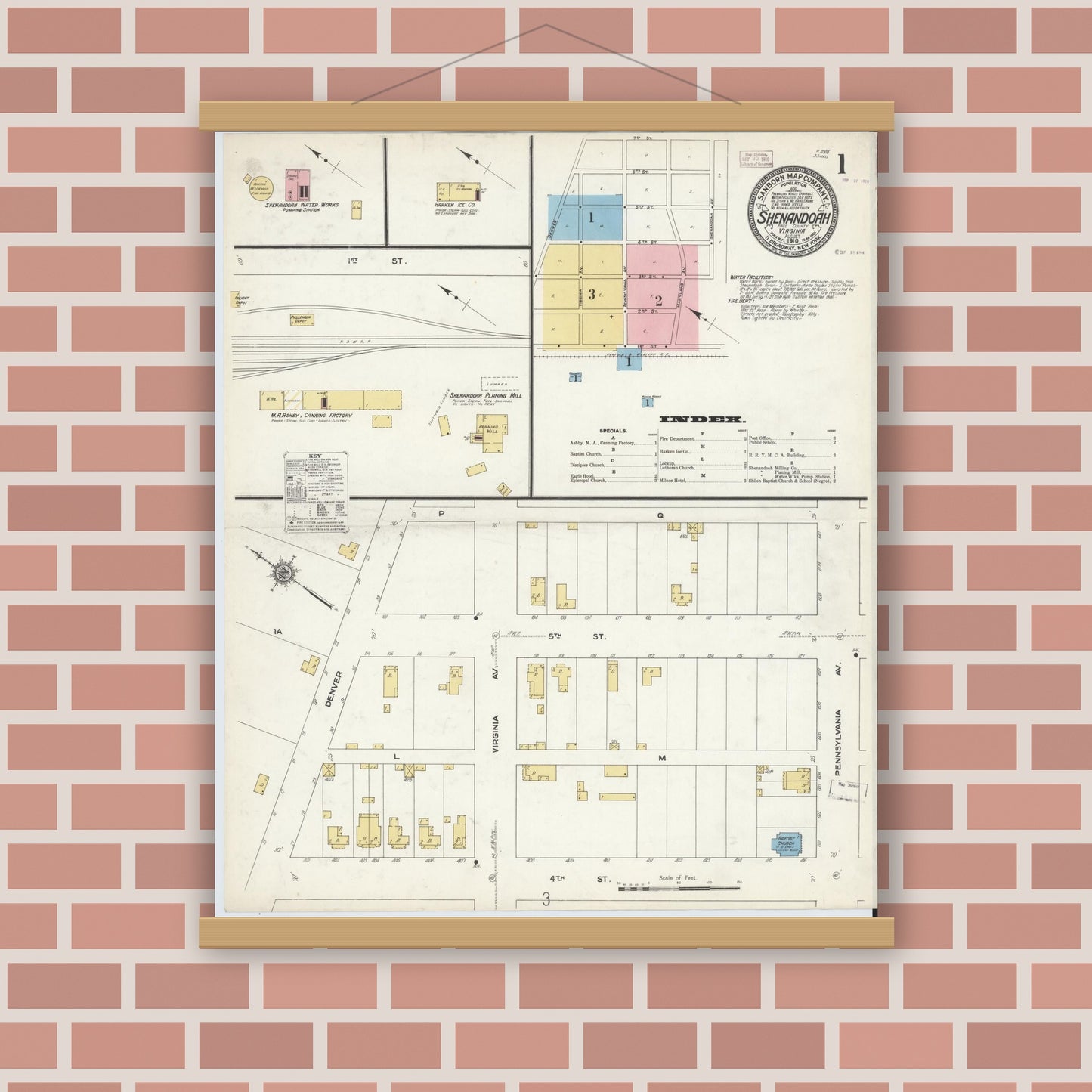 Old map wall art mockup — magnetic wood frame on brick wall — Sanborn Fire Insurance Map from Shenandoah, Page County, Virginia (1910) - Complete Map Set