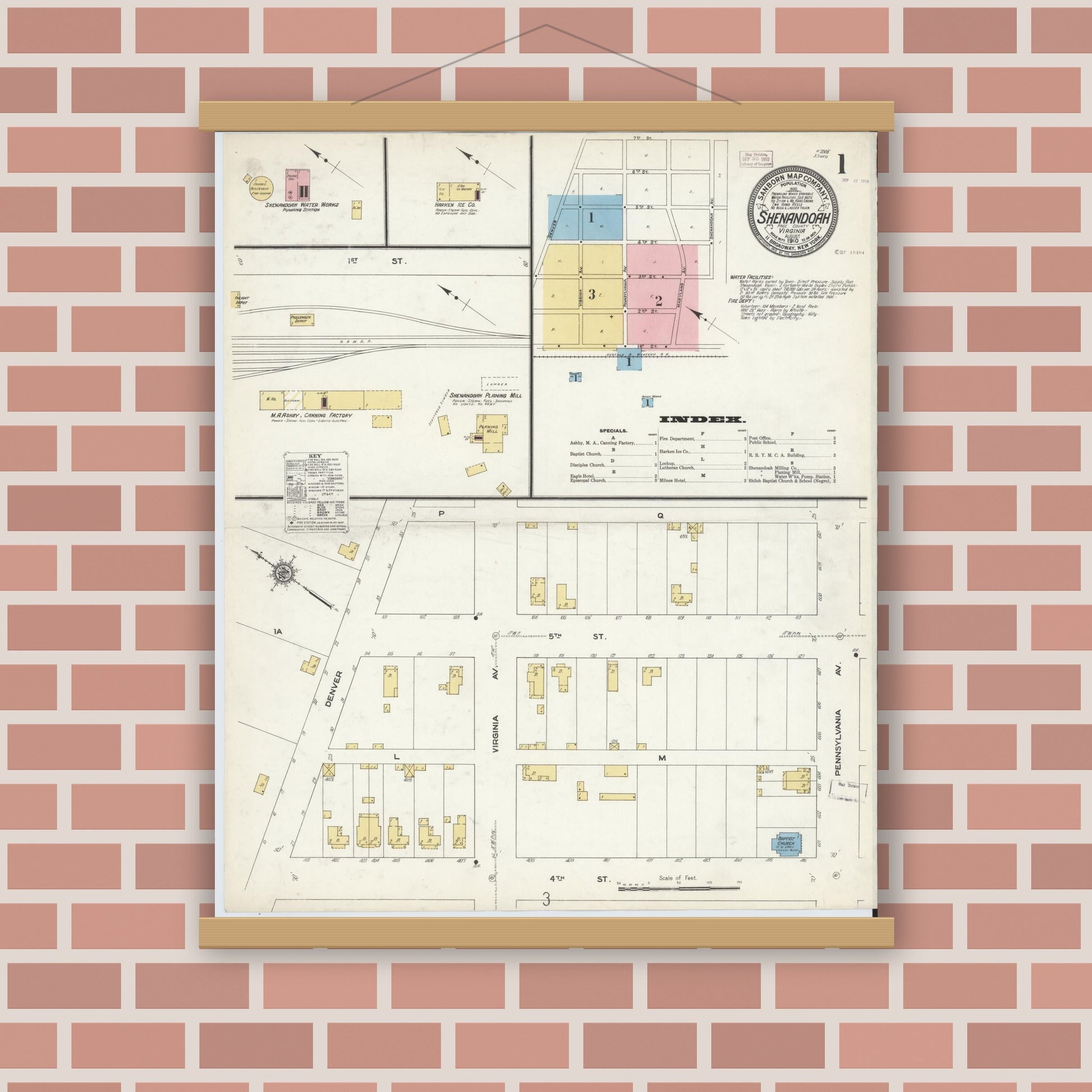 Old map wall art mockup — magnetic wood frame on brick wall — Sanborn Fire Insurance Map from Shenandoah, Page County, Virginia (1910) - Complete Map Set