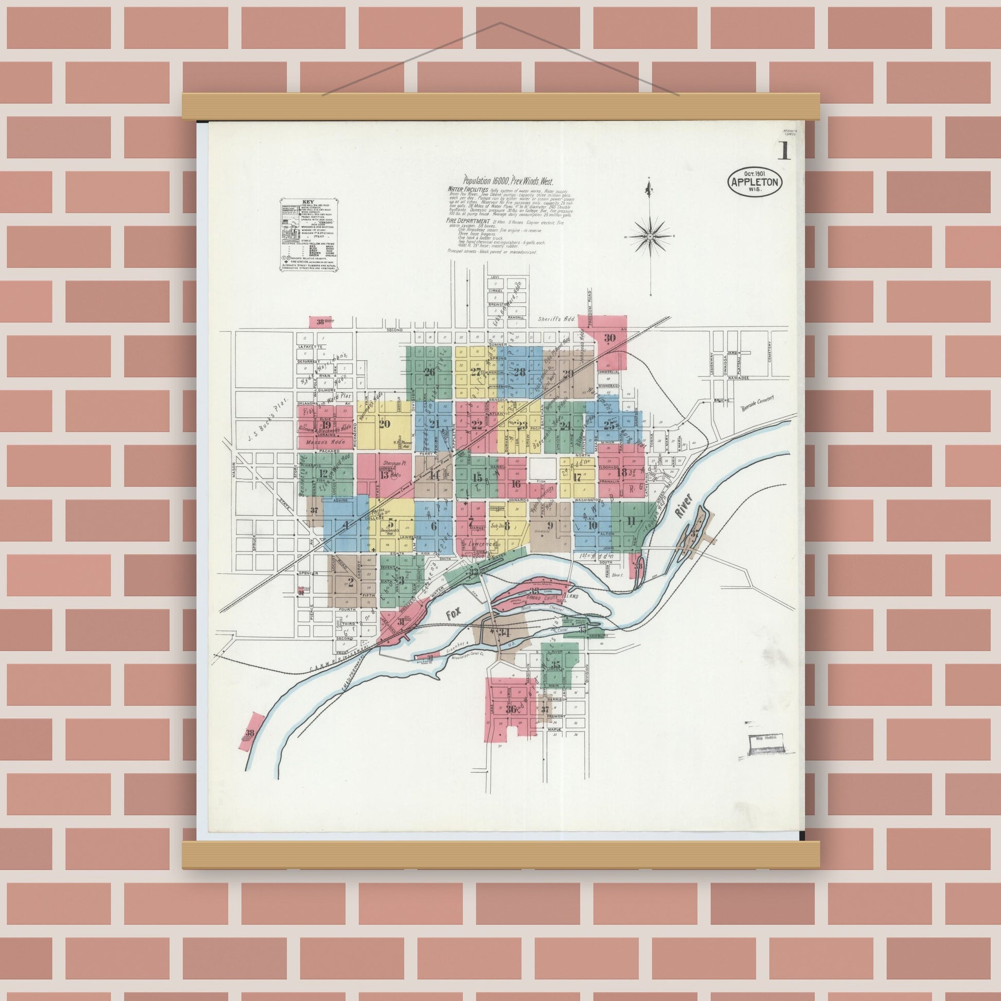 Old map wall art mockup — magnetic wood frame on brick wall — Sanborn Fire Insurance Map from Appleton, Outagamie County, Wisconsin (1901), Sheet #0001