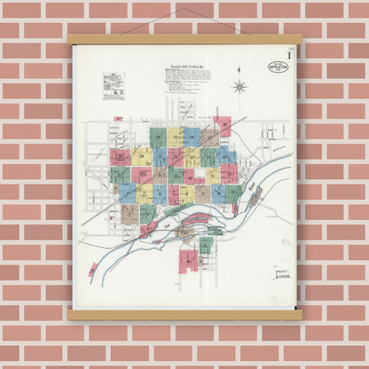 Old map wall art mockup — magnetic wood frame on brick wall — Sanborn Fire Insurance Map from Appleton, Outagamie County, Wisconsin (1901), Sheet #0001