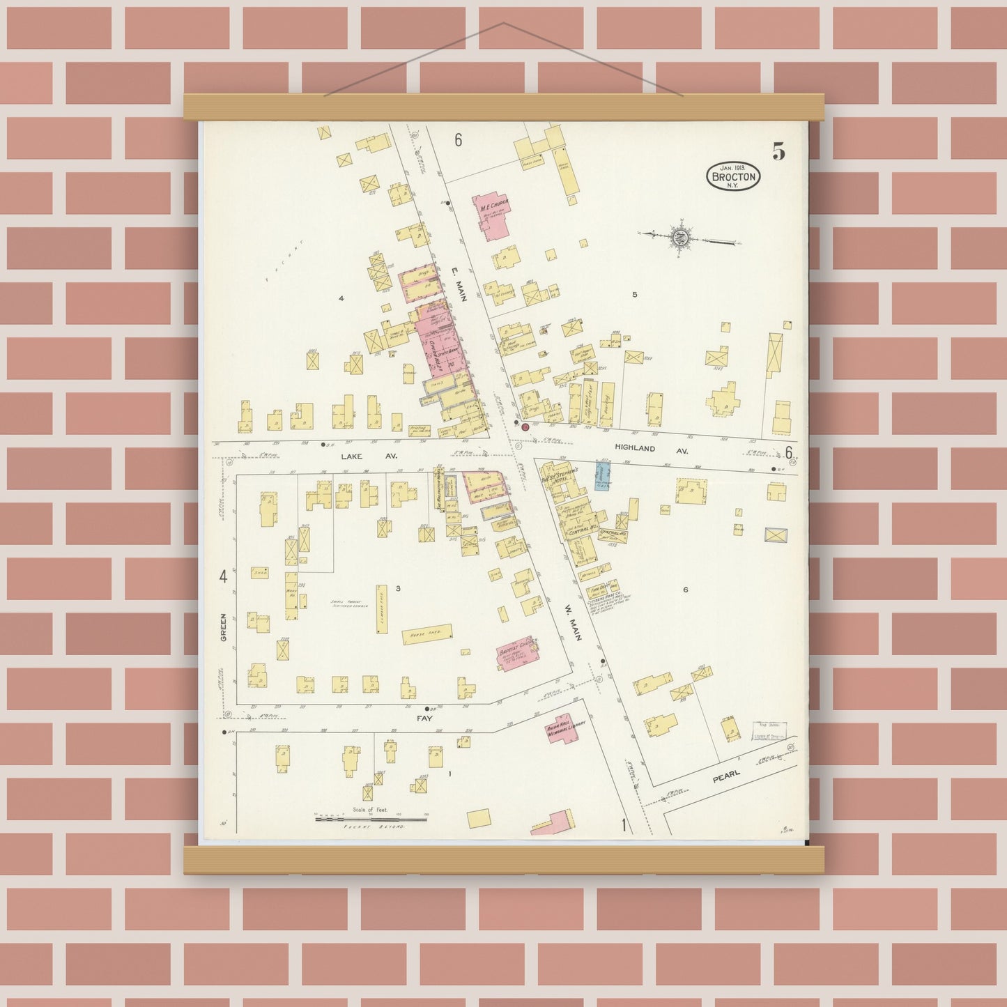 Old map wall art mockup — magnetic wood frame on brick wall — Sanborn Fire Insurance Map from Brocton, Chautauqua County, New York (1913), Sheet #0005