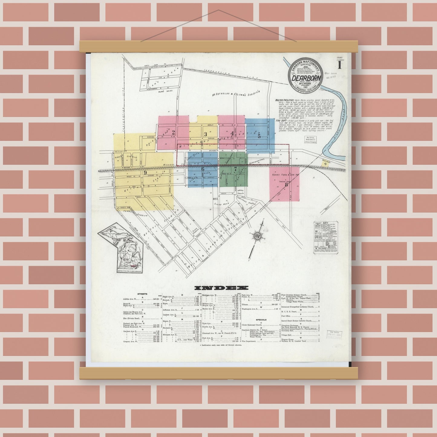Old map wall art mockup — magnetic wood frame on brick wall — Sanborn Fire Insurance Map from Dearborn, Wayne County, Michigan (1921), Sheet #0001