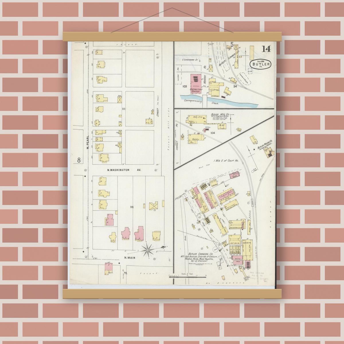 Old map wall art mockup — magnetic wood frame on brick wall — Sanborn Fire Insurance Map from Butler, Butler County, Pennsylvania (1896), Sheet #0014