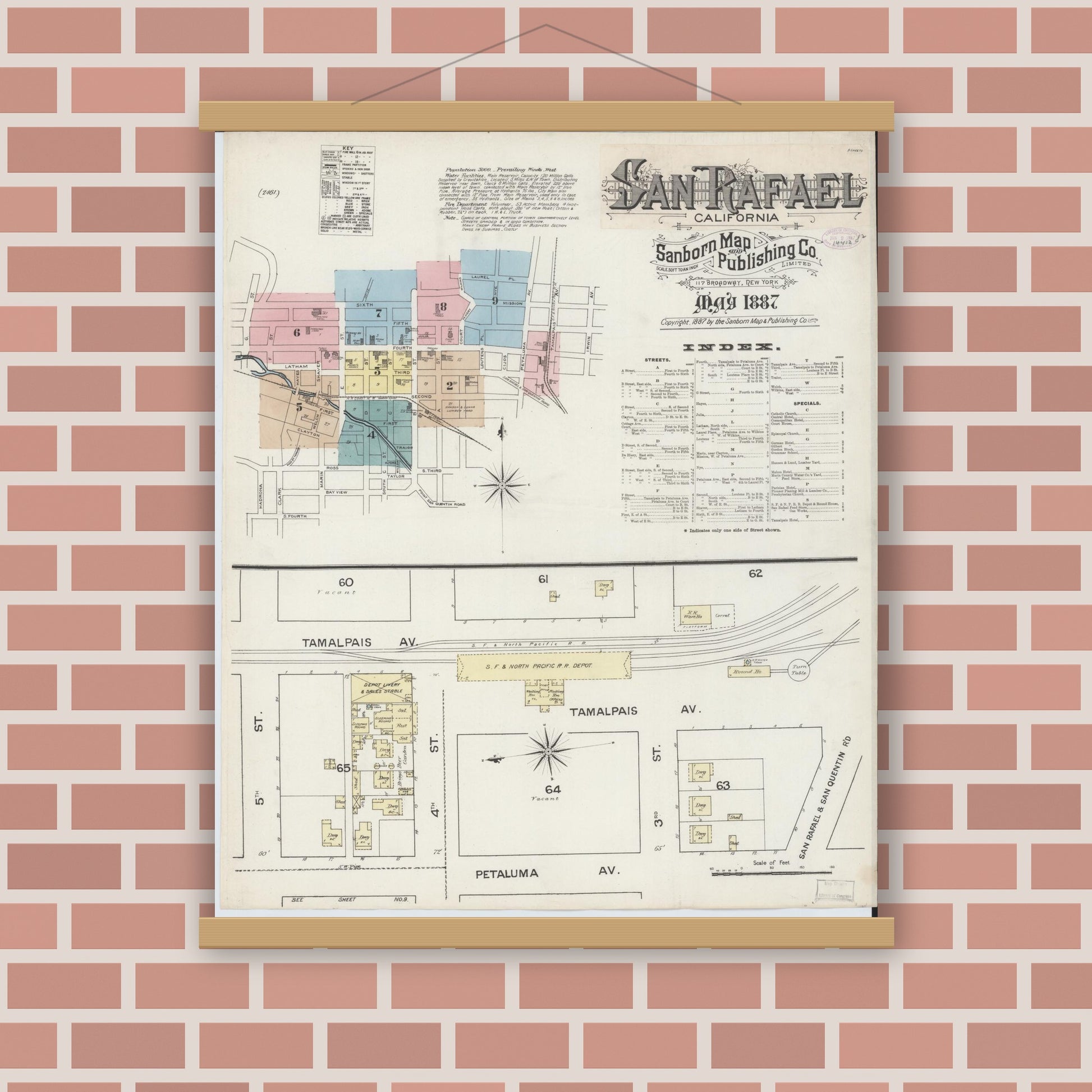 Old map wall art mockup — magnetic wood frame on brick wall — Sanborn Fire Insurance Map from San Rafael, Marin County, California (1887) - Complete Map Set
