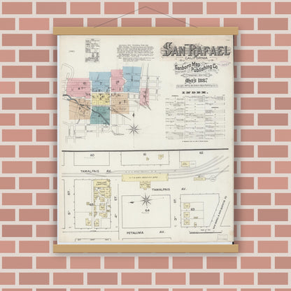Old map wall art mockup — magnetic wood frame on brick wall — Sanborn Fire Insurance Map from San Rafael, Marin County, California (1887) - Complete Map Set