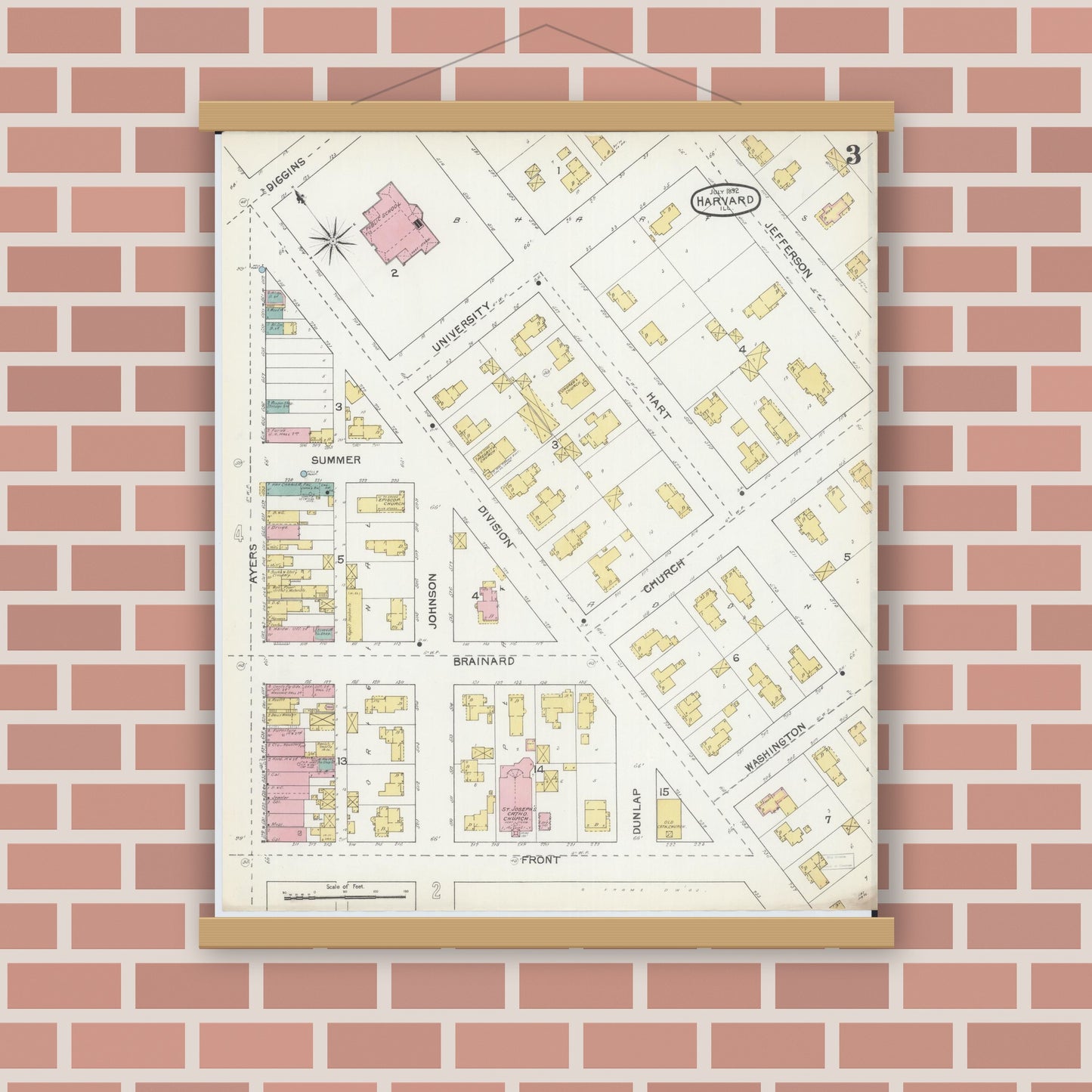 Old map wall art mockup — magnetic wood frame on brick wall — Sanborn Fire Insurance Map from Harvard, McHenry County, Illinois (1892), Sheet #0003